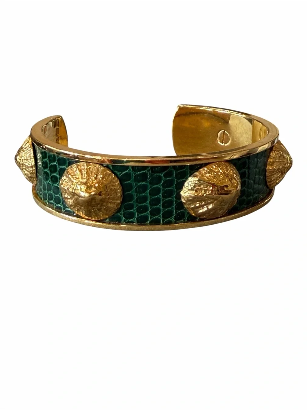 Hermes Gold-Tone Green Lizard-Texture Shell Cuff Bracelet